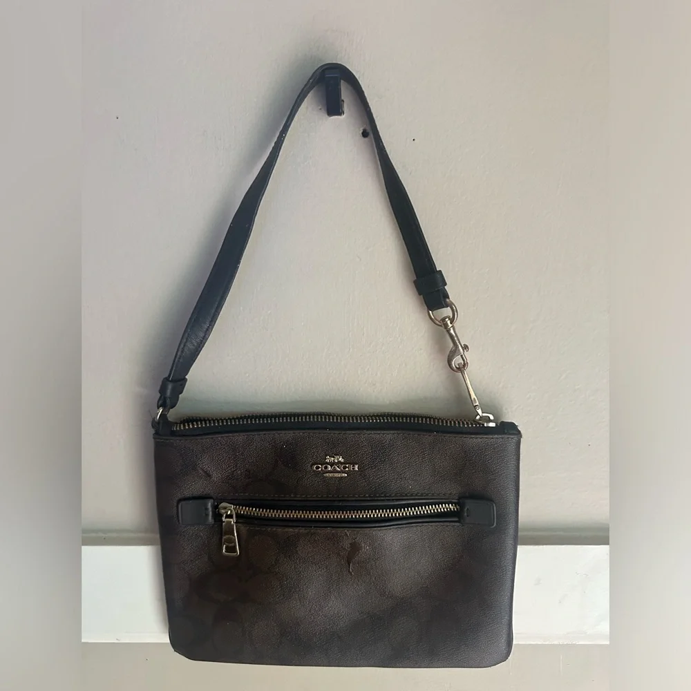 Coach Dark Brown Signature Shoulder Bag with Black Strap